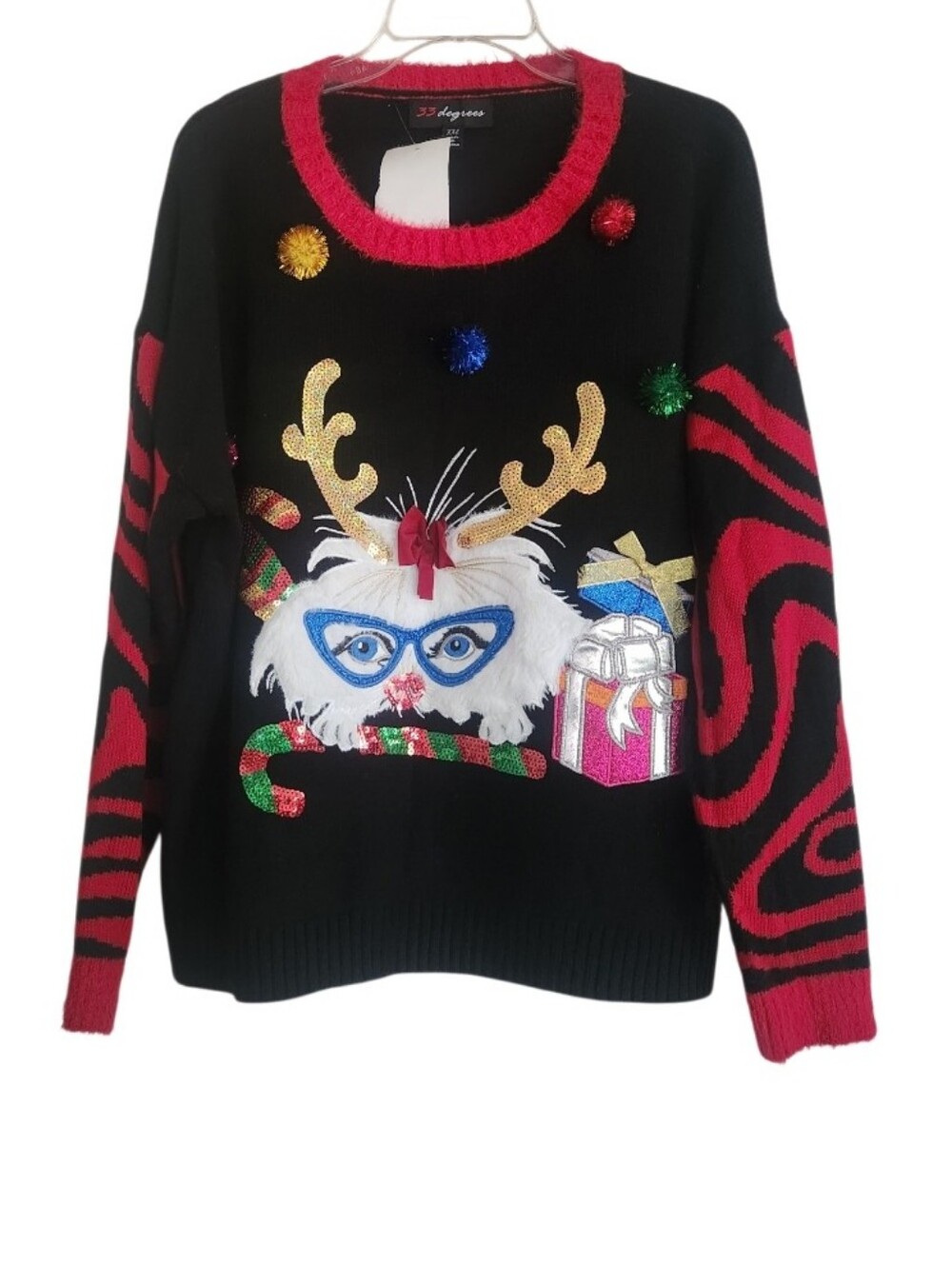 Women's Black & Red Holiday Cat Sweater with Embellishments Sz Xxl Nwt